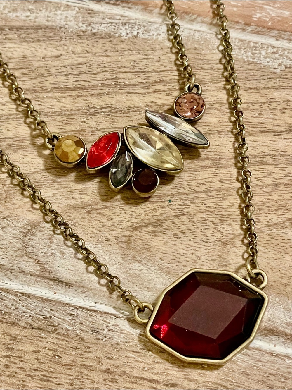 Gold-Tone Layered Necklace Set with Burgundy, Red and Multicolor Stones